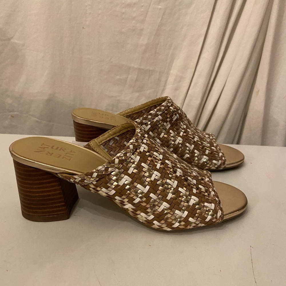 Naturalizer leather & tweed slides with block heels , tan,white& silver …